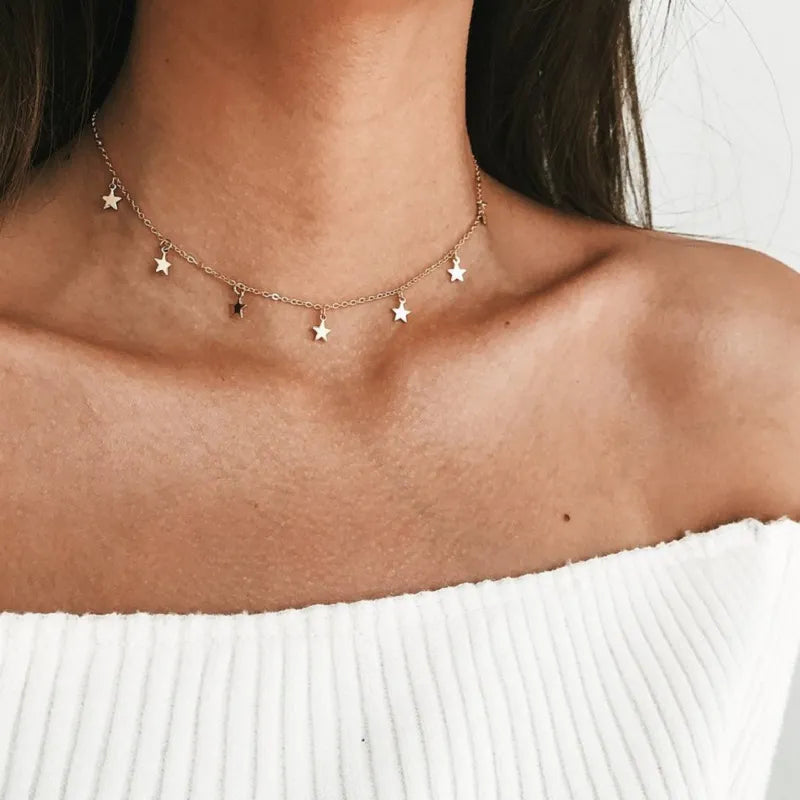 Gold Color Chain Tassel Star Choker Necklace for Women Boho Chocker