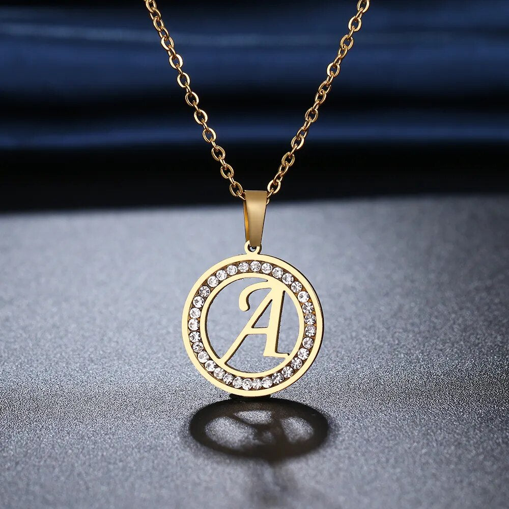 CACANA 316L Stainless Steel 26 letters A-Z Necklace NEW Crystal