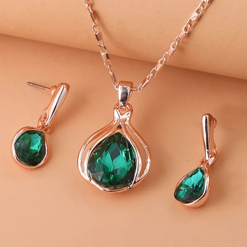 Water Drop Shape Pendant Necklace & Drop Earrings Set For Women &