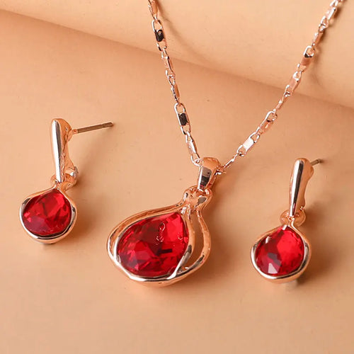 Water Drop Shape Pendant Necklace & Drop Earrings Set For Women &