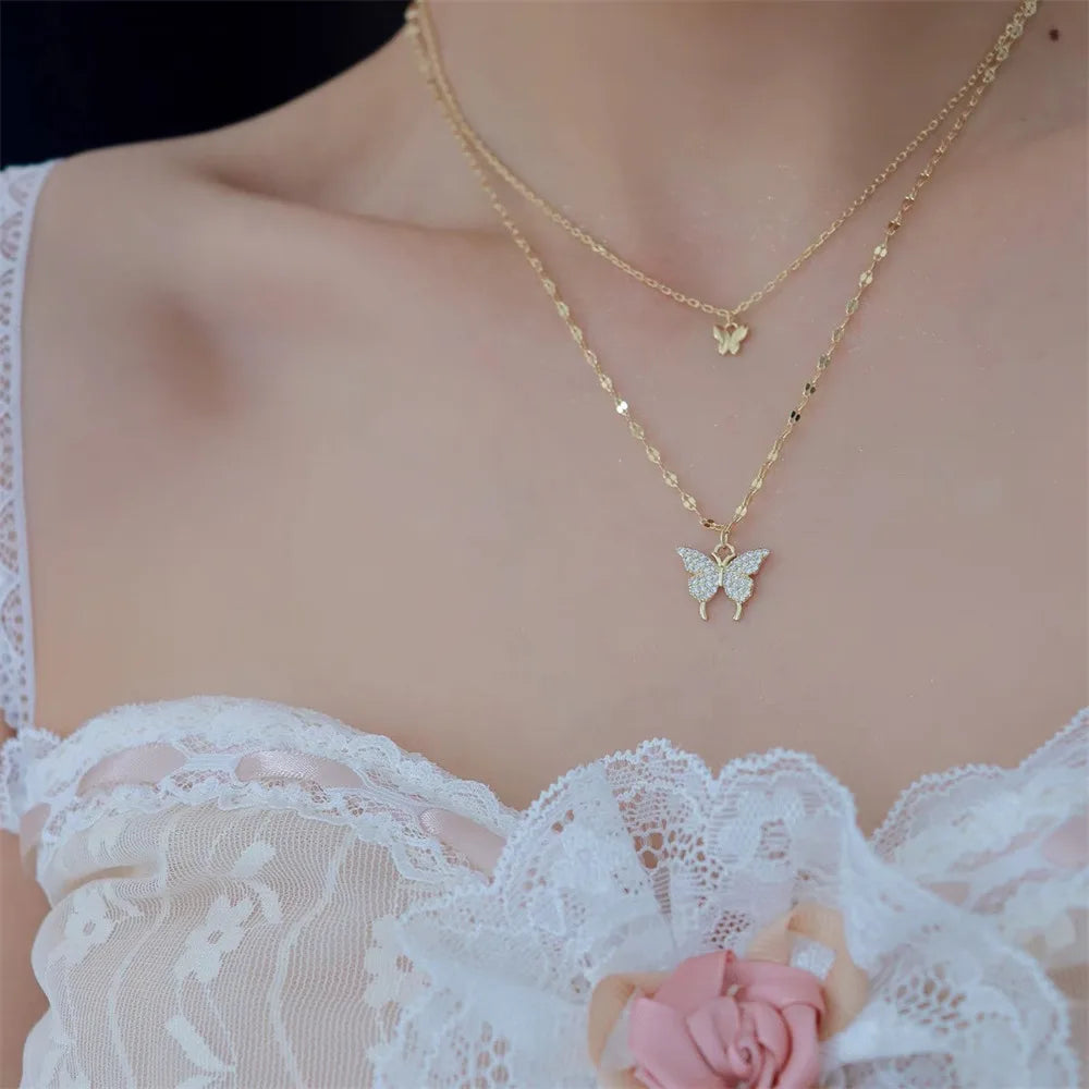 Shiny Layeyed Crystal Rhinestone Micropaved Butterfly Neclace for