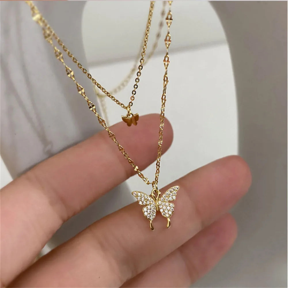 Shiny Layeyed Crystal Rhinestone Micropaved Butterfly Neclace for
