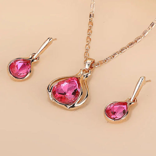 Water Drop Shape Pendant Necklace & Drop Earrings Set For Women &