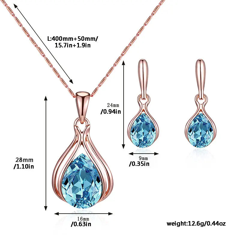 Water Drop Shape Pendant Necklace & Drop Earrings Set For Women &
