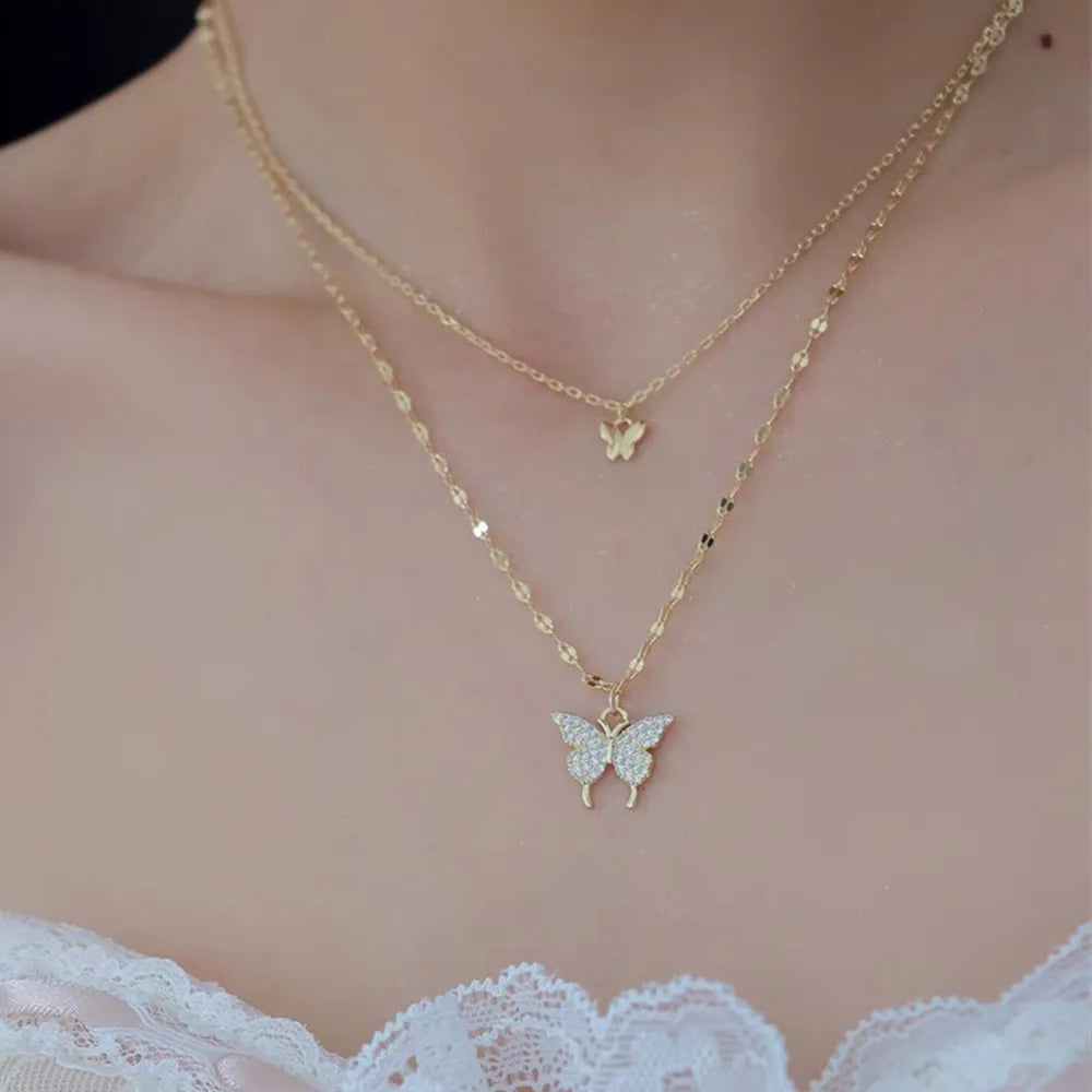 Shiny Layeyed Crystal Rhinestone Micropaved Butterfly Neclace for