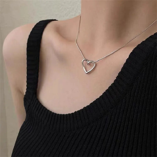 Simple Metal Hollow Double Heart Necklace for Women Creative Connected