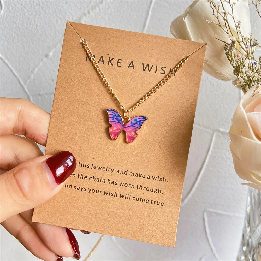 Bohemia Coloful Oil Drip Butterfly Pendant Necklaces with Wish Gift