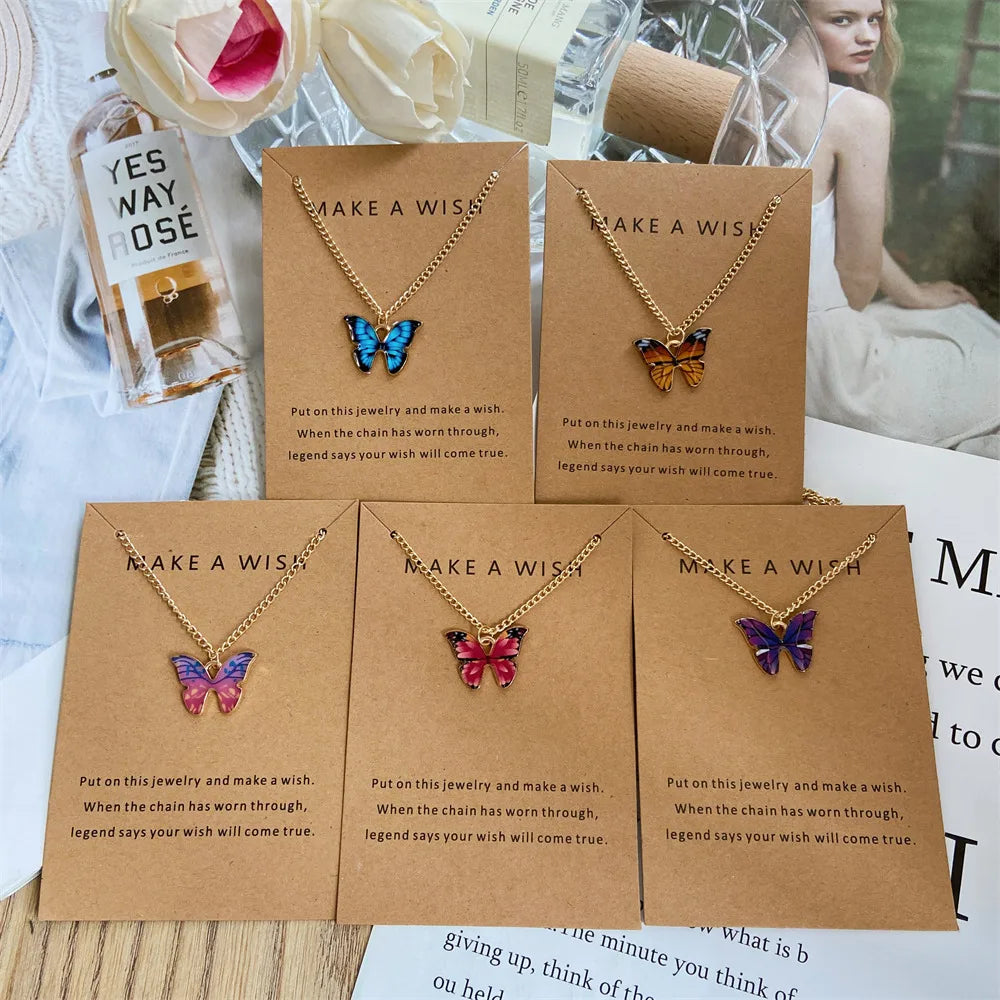 Bohemia Coloful Oil Drip Butterfly Pendant Necklaces with Wish Gift