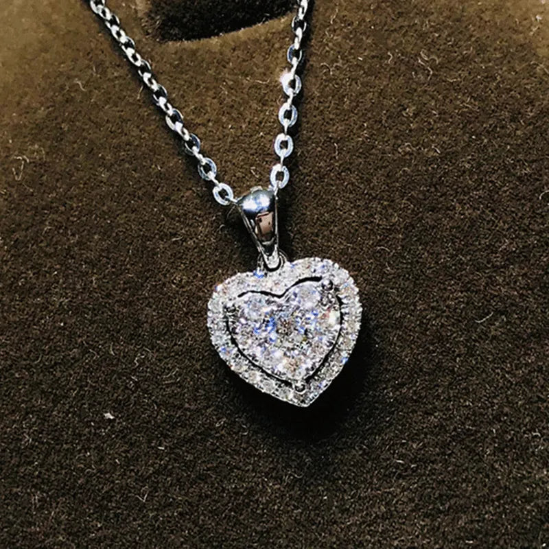 Shine Zircon Heart Shaped Pendant Necklace for Women Silver Color