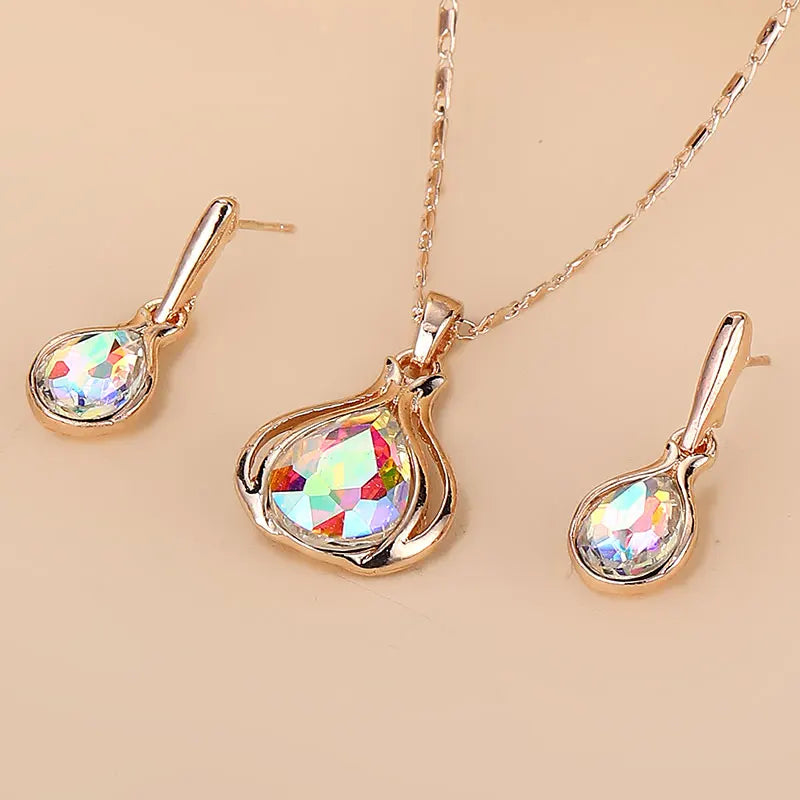 Water Drop Shape Pendant Necklace & Drop Earrings Set For Women &