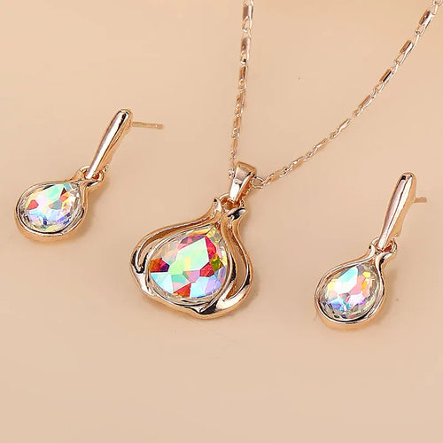 Water Drop Shape Pendant Necklace & Drop Earrings Set For Women &