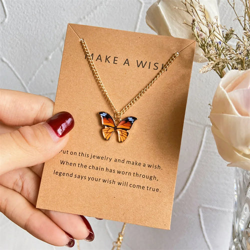 Bohemia Coloful Oil Drip Butterfly Pendant Necklaces with Wish Gift