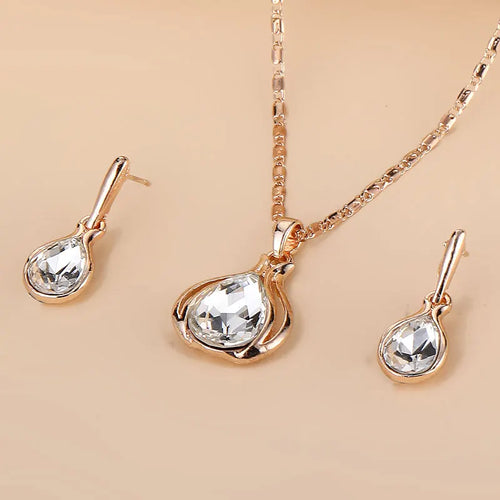 Water Drop Shape Pendant Necklace & Drop Earrings Set For Women &