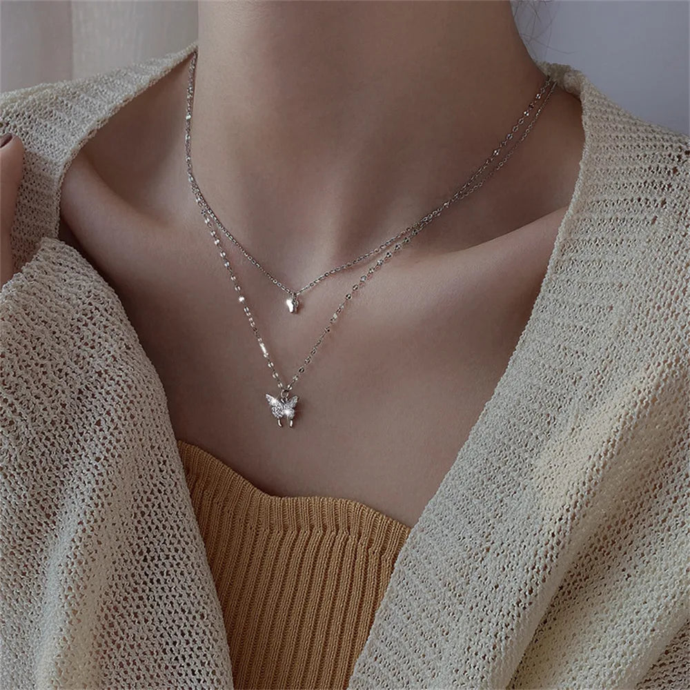 Shiny Layeyed Crystal Rhinestone Micropaved Butterfly Neclace for