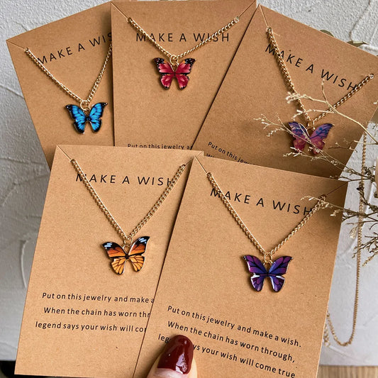 Bohemia Coloful Oil Drip Butterfly Pendant Necklaces with Wish Gift
