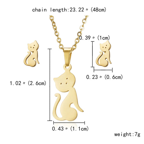 Classic Stainless Steel Cat Pendant Necklace Earrings Set For Women