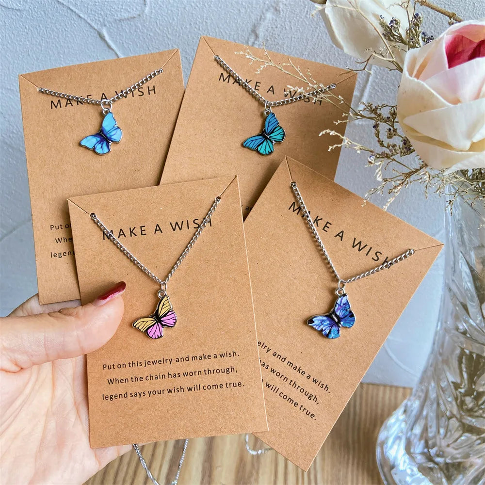 Bohemia Coloful Oil Drip Butterfly Pendant Necklaces with Wish Gift