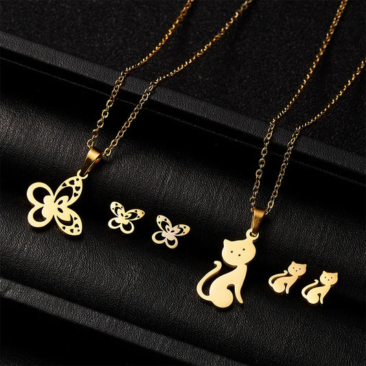 Classic Stainless Steel Cat Pendant Necklace Earrings Set For Women