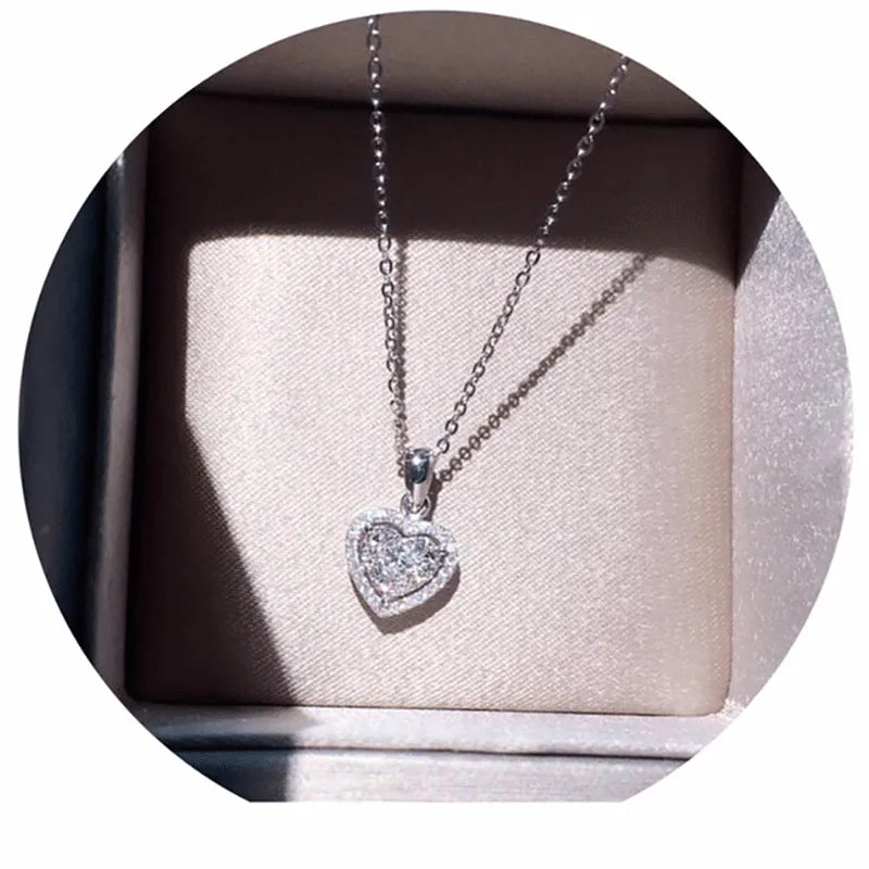 Shine Zircon Heart Shaped Pendant Necklace for Women Silver Color