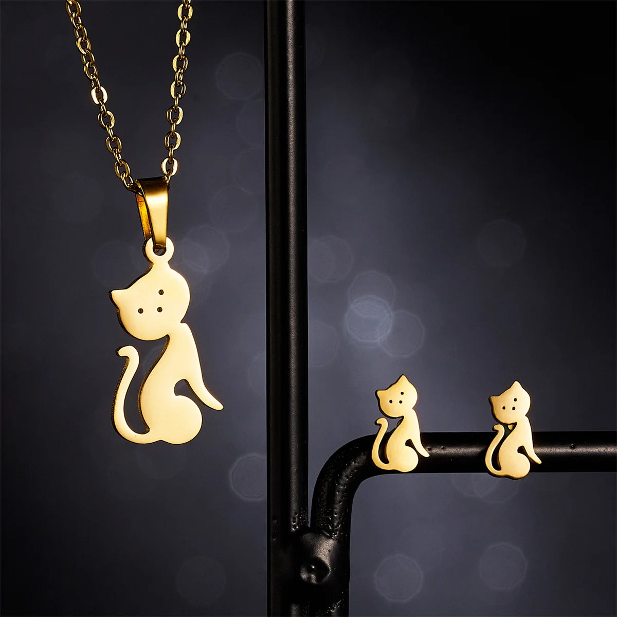 Classic Stainless Steel Cat Pendant Necklace Earrings Set For Women