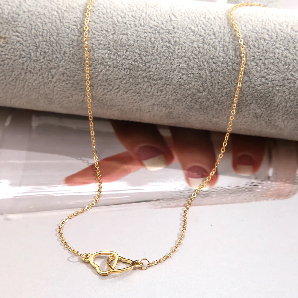 Simple Metal Hollow Double Heart Necklace for Women Creative Connected