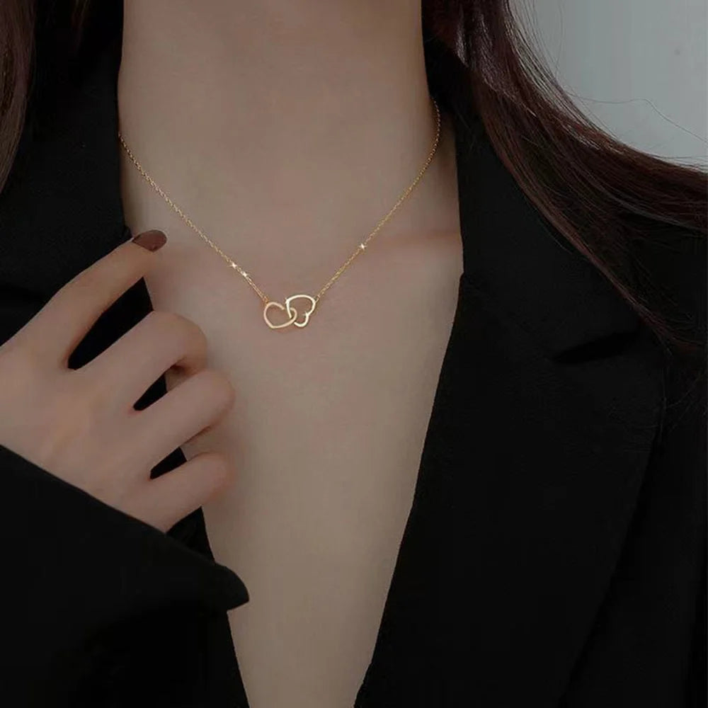 Simple Metal Hollow Double Heart Necklace for Women Creative Connected