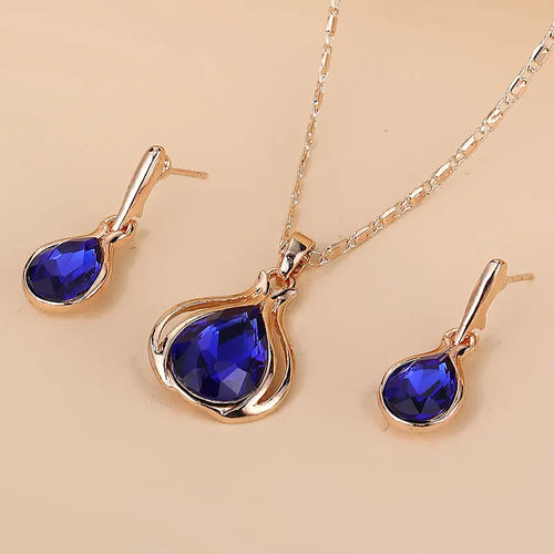 Water Drop Shape Pendant Necklace & Drop Earrings Set For Women &