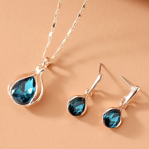 Water Drop Shape Pendant Necklace & Drop Earrings Set For Women &