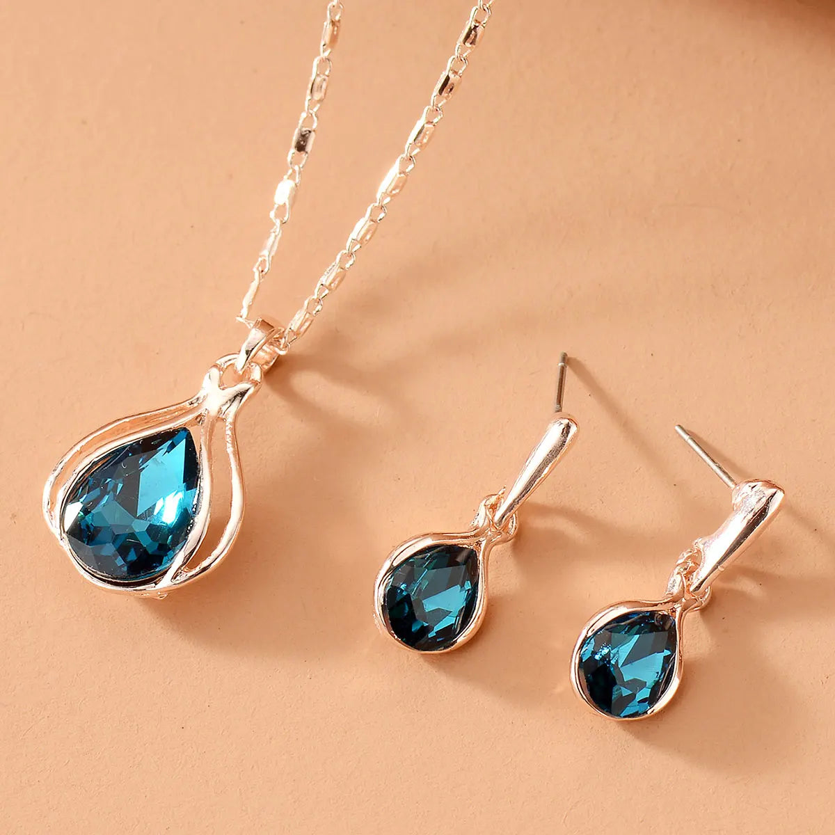 Water Drop Shape Pendant Necklace & Drop Earrings Set For Women &
