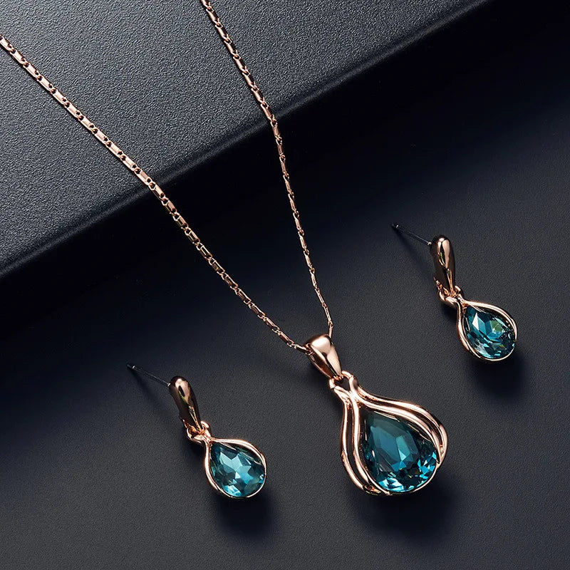 Water Drop Shape Pendant Necklace & Drop Earrings Set For Women &