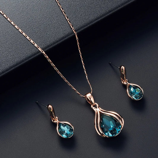 Water Drop Shape Pendant Necklace & Drop Earrings Set For Women &