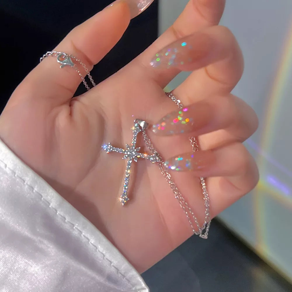 Exquisite Fashion Sparkling Crystal Zircon Cross Pendant Necklace