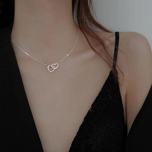 Simple Metal Hollow Double Heart Necklace for Women Creative Connected